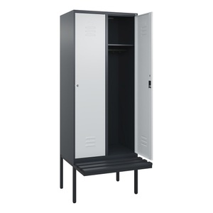 CP, C+P Spind Classic PLUS, 2 Abteile, HxBxT 2.120 x 800 x 815 mm, Zylinderschloss, auskragende Bank aus Kunststoff, anthrazitgrau, lichtgrau