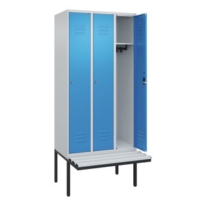 CP, C+P Spind Classic PLUS Sitzbank, 3 Abteile, lichtgrau / lichtblau, B 900 mm, Zylinderschloss, auskragend, Kunststoff