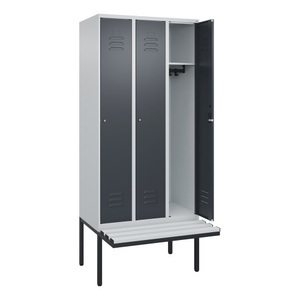 CP, C+P Spind Classic PLUS Sitzbank, 3 Abteile, lichtgrau / grau, B 900 mm, Zylinderschloss, auskragend, Kunststoff