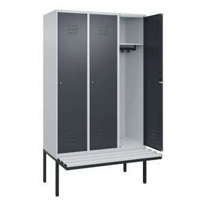 CP, C+P Spind Classic PLUS Sitzbank, 3 Abteile, lichtgrau / grau, B 1200 mm, Zylinderschloss, auskragend, Kunststoff