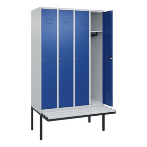 CP, C+P Spind Classic PLUS Sitzbank, 4 Abteile, lichtgrau / enzianblau, B 1200 mm, Zylinderschloss, auskragend, Kunststoff