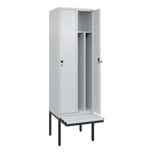 CP, C+P Spind Classic PLUS Sitzbank, 2 Abteile, mittig, lichtgrau, B 600 mm, Sicherheits-Drehriegel, auskragend, Kunststoff