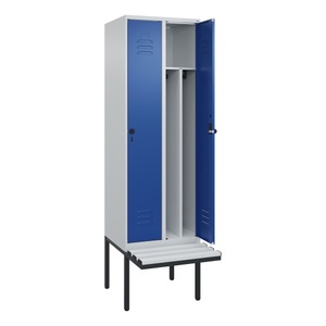 CP, C+P Spind Classic PLUS Sitzbank, 2 Abteile, mittig, lichtgrau / enzianblau, B 600 mm, Sicherheits-Drehriegel, auskragend, Kunststoff