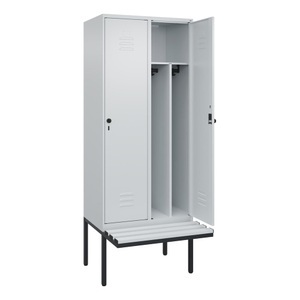 CP, C+P Spind Classic PLUS Sitzbank, 2 Abteile, mittig, lichtgrau, B 800 mm, Sicherheits-Drehriegel, auskragend, Kunststoff