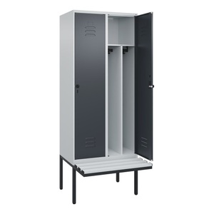 CP, C+P Spind Classic PLUS Sitzbank, 2 Abteile, mittig, lichtgrau / grau, B 800 mm, Sicherheits-Drehriegel, auskragend, Kunststoff
