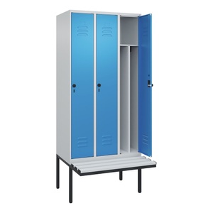 CP, C+P Spind Classic PLUS Sitzbank, 3 Abteile, mittig, lichtgrau / lichtblau, B 900 mm, Sicherheits-Drehriegel, auskragend, Kunststoff