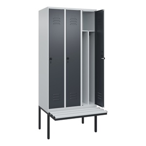 CP, C+P Spind Classic PLUS Sitzbank, 3 Abteile, mittig, lichtgrau / grau, B 900 mm, Sicherheits-Drehriegel, auskragend, Kunststoff