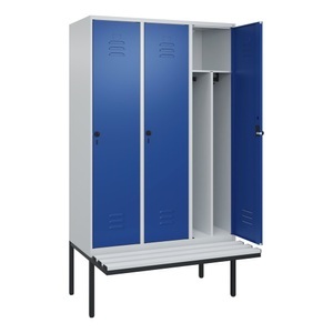 CP, C+P Spind Classic PLUS Sitzbank, 3 Abteile, mittig, lichtgrau / enzianblau, B 1200 mm, Sicherheits-Drehriegel, auskragend, Kunststoff