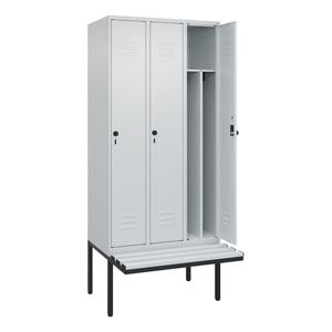 CP, C+P Spind Classic PLUS Sitzbank, 3 Abteile, mittig, lichtgrau, B 900 mm, Sicherheits-Drehriegel, auskragend, Kunststoff