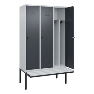 CP, C+P Spind Classic PLUS Sitzbank, 3 Abteile, mittig, lichtgrau / grau, B 1200 mm, Sicherheits-Drehriegel, auskragend, Kunststoff