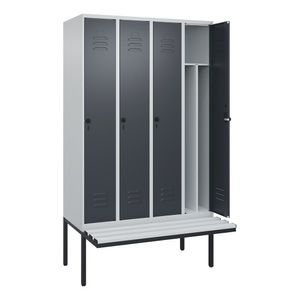 CP, C+P Spind Classic PLUS Sitzbank, 4 Abteile, mittig, lichtgrau / grau, B 1200 mm, Sicherheits-Drehriegel, auskragend, Kunststoff