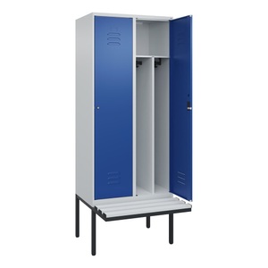 CP, C+P Spind Classic PLUS Sitzbank, 2 Abteile, mittig, lichtgrau / enzianblau, B 800 mm, Zylinderschloss, auskragend, Kunststoff