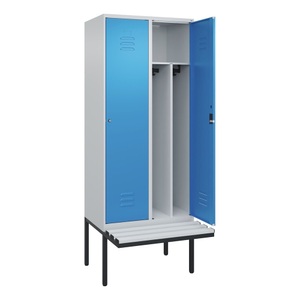 CP, C+P Spind Classic PLUS Sitzbank, 2 Abteile, mittig, lichtgrau / lichtblau, B 800 mm, Zylinderschloss, auskragend, Kunststoff