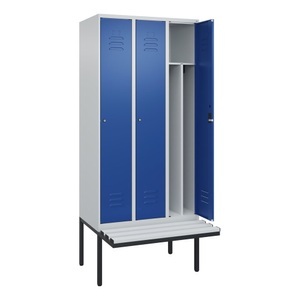 CP, C+P Spind Classic PLUS Sitzbank, 3 Abteile, mittig, lichtgrau / enzianblau, B 900 mm, Zylinderschloss, auskragend, Kunststoff