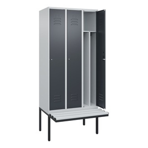 CP, C+P Spind Classic PLUS Sitzbank, 3 Abteile, mittig, lichtgrau / grau, B 900 mm, Zylinderschloss, auskragend, Kunststoff
