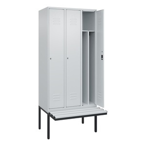 CP, C+P Spind Classic PLUS Sitzbank, 3 Abteile, mittig, lichtgrau, B 900 mm, Zylinderschloss, auskragend, Kunststoff