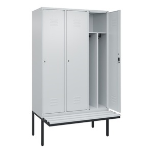 CP, C+P Spind Classic PLUS Sitzbank, 3 Abteile, mittig, lichtgrau, B 1200 mm, Zylinderschloss, auskragend, Kunststoff