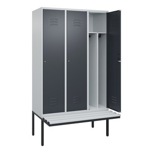CP, C+P Spind Classic PLUS Sitzbank, 3 Abteile, mittig, lichtgrau / grau, B 1200 mm, Zylinderschloss, auskragend, Kunststoff