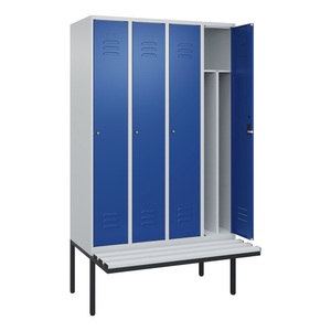 CP, C+P Spind Classic PLUS Sitzbank, 4 Abteile, mittig, lichtgrau / enzianblau, B 1200 mm, Zylinderschloss, auskragend, Kunststoff