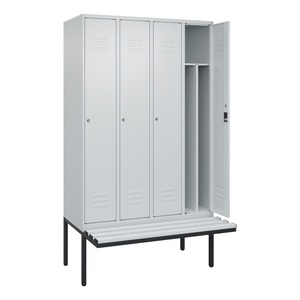 CP, C+P Spind Classic PLUS Sitzbank, 4 Abteile, mittig, lichtgrau, B 1200 mm, Zylinderschloss, auskragend, Kunststoff
