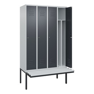 CP, C+P Spind Classic PLUS Sitzbank, 4 Abteile, mittig, lichtgrau / grau, B 1200 mm, Zylinderschloss, auskragend, Kunststoff