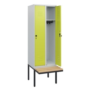 CP, C+P Spind Classic PLUS, 2 Abteile, HxBxT 1.950 x 600 x 815 mm, für Vorhängeschloss, auskragende Bank aus Buche, lichtgrau, clowngrün