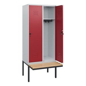 CP, C+P Spind Classic PLUS, 2 Abteile, HxBxT 1.950 x 800 x 815 mm, für Vorhängeschloss, auskragende Bank aus Buche, lichtgrau, rubinrot