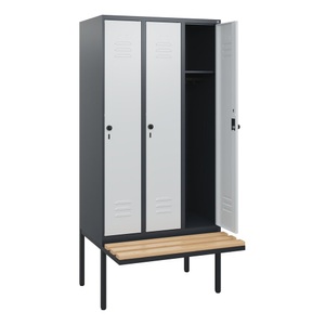 CP, C+P Spind Classic PLUS, 3 Abteile, HxBxT 1.950 x 900 x 815 mm, für Vorhängeschloss, auskragende Bank aus Buche, anthrazitgrau, lichtgrau