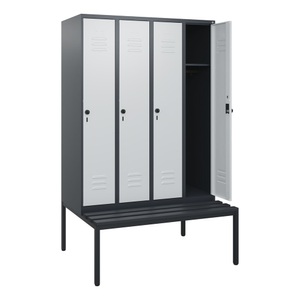 CP, C+P Spind Classic PLUS, 4 Abteile, HxBxT 1.950 x 1.200 x 815 mm, für Vorhängeschloss, untergebaute Bank aus Kunststoff, anthrazitgrau, lichtgrau