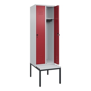 CP, C+P Spind Classic PLUS, 2 Abteile, HxBxT 2.120 x 600 x 815 mm, für Vorhängeschloss, untergebaute Bank aus Kunststoff, lichtgrau, rubinrot