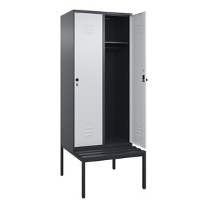 CP, C+P Spind Classic PLUS, 2 Abteile, HxBxT 2.120 x 800 x 815 mm, für Vorhängeschloss, untergebaute Bank aus Kunststoff, anthrazitgrau, lichtgrau