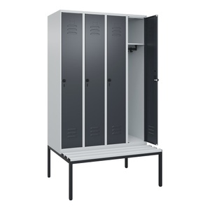CP, C+P Spind Classic PLUS Sitzbank, 4 Abteile, lichtgrau / grau, B 1200 mm, Sicherheits-Drehriegel, untergebaut, Kunststoff
