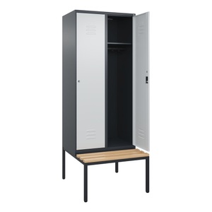 CP, C+P Spind Classic PLUS, 2 Abteile, HxBxT 2.120 x 800 x 815 mm, Zylinderschloss, untergebaute Bank aus Buche, anthrazitgrau, lichtgrau