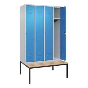 CP, C+P Spind Classic PLUS Sitzbank, 4 Abteile, lichtgrau / lichtblau, B 1200 mm, Zylinderschloss, untergebaut, Buche-Hartholz