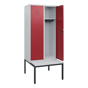 CP, C+P Spind Classic PLUS, 2 Abteile, HxBxT 1.950 x 800 x 815 mm, Zylinderschloss, untergebaute Bank aus Kunststoff, lichtgrau, rubinrot