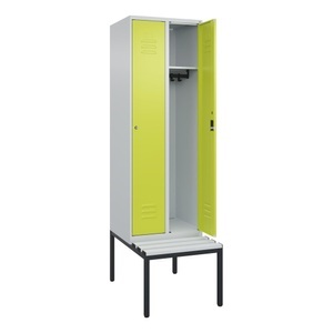 CP, C+P Spind Classic PLUS, 2 Abteile, HxBxT 2.120 x 600 x 815 mm, Zylinderschloss, untergebaute Bank aus Kunststoff, lichtgrau, clowngrün