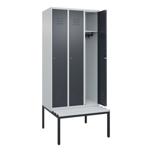 CP, C+P Spind Classic PLUS Sitzbank, 3 Abteile, lichtgrau / grau, B 900 mm, Zylinderschloss, untergebaut, Kunststoff