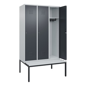 CP, C+P Spind Classic PLUS Sitzbank, 3 Abteile, lichtgrau / grau, B 1200 mm, Zylinderschloss, untergebaut, Kunststoff