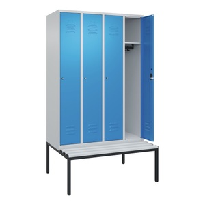CP, C+P Spind Classic PLUS Sitzbank, 4 Abteile, lichtgrau / lichtblau, B 1200 mm, Zylinderschloss, untergebaut, Kunststoff