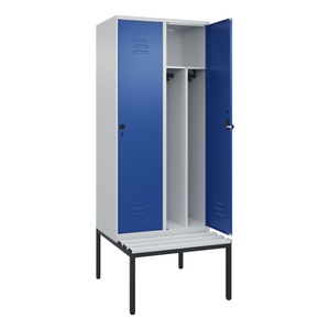 CP, C+P Spind Classic PLUS Sitzbank, 2 Abteile, mittig, lichtgrau / enzianblau, B 800 mm, Sicherheits-Drehriegel, untergebaut, Kunststoff