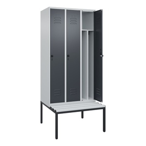 CP, C+P Spind Classic PLUS Sitzbank, 3 Abteile, mittig, lichtgrau / grau, B 900 mm, Sicherheits-Drehriegel, untergebaut, Kunststoff