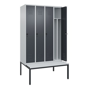 CP, C+P Spind Classic PLUS Sitzbank, 4 Abteile, mittig, lichtgrau / grau, B 1200 mm, Sicherheits-Drehriegel, untergebaut, Kunststoff