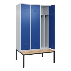 CP, C+P Spind Classic PLUS Sitzbank, 3 Abteile, mittig, lichtgrau / enzianblau, B 1200 mm, Zylinderschloss, untergebaut, Buche-Hartholz