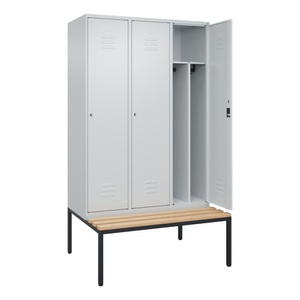CP, C+P Spind Classic PLUS Sitzbank, 3 Abteile, mittig, lichtgrau, B 1200 mm, Zylinderschloss, untergebaut, Buche-Hartholz