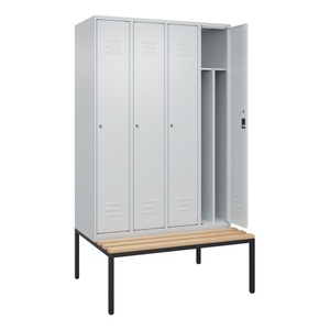 CP, C+P Spind Classic PLUS Sitzbank, 4 Abteile, mittig, lichtgrau, B 1200 mm, Zylinderschloss, untergebaut, Buche-Hartholz
