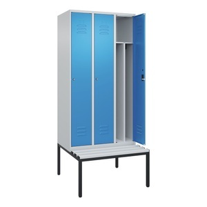 CP, C+P Spind Classic PLUS Sitzbank, 3 Abteile, mittig, lichtgrau / lichtblau, B 900 mm, Zylinderschloss, untergebaut, Kunststoff