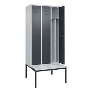 CP, C+P Spind Classic PLUS Sitzbank, 3 Abteile, mittig, lichtgrau / grau, B 900 mm, Zylinderschloss, untergebaut, Kunststoff