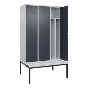 CP, C+P Spind Classic PLUS Sitzbank, 3 Abteile, mittig, lichtgrau / grau, B 1200 mm, Zylinderschloss, untergebaut, Kunststoff