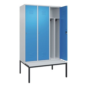 CP, C+P Spind Classic PLUS Sitzbank, 3 Abteile, mittig, lichtgrau / lichtblau, B 1200 mm, Zylinderschloss, untergebaut, Kunststoff