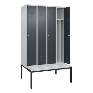 CP, C+P Spind Classic PLUS Sitzbank, 4 Abteile, mittig, lichtgrau / grau, B 1200 mm, Zylinderschloss, untergebaut, Kunststoff